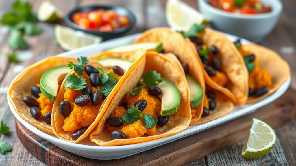 Savory Pumpkin Tacos with Spicy Black Beans A colorful plate of pumpkin tacos with black beans and avocado, garnished with cilantro on a wooden table.